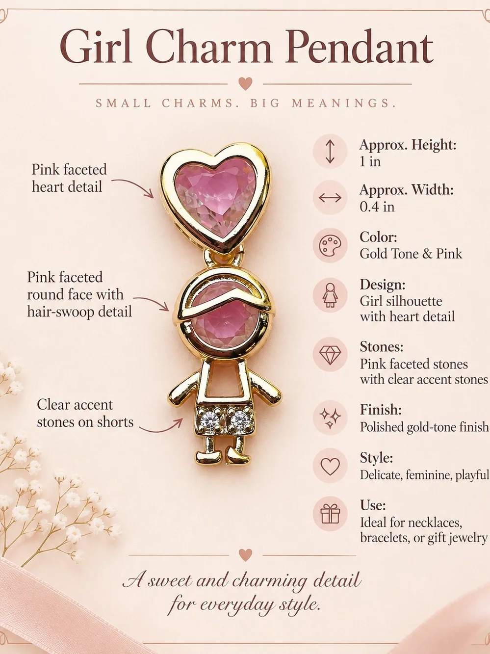 14k. Laminated Gold Clear Crystal Heart Kids Charm Pendant